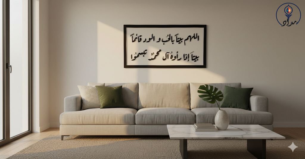 اللَّهُمَّ بَيْتًا بِالحُبِّ وَالوُدِّ قَائِمًا، بَيْتًا إِذَا رآهُ آلُ مُحَمَّدٍ تَبَسَّمُوا اللَّهُمَّ بَيْتًا بِالحُبِّ وَالوُدِّ قَائِمًا، بَيْتًا إِذَا رآهُ آلُ مُحَمَّدٍ تَبَسَّمُوا