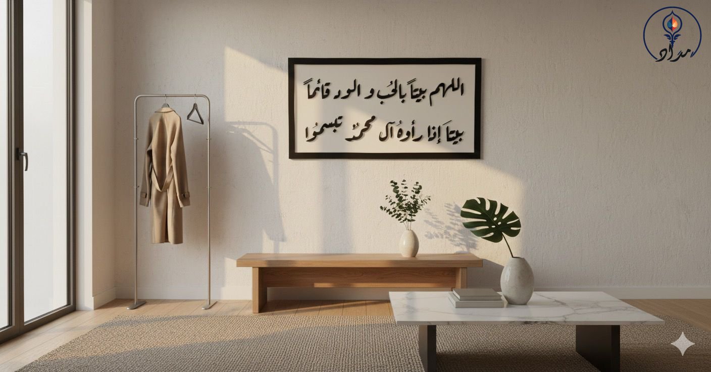 اللَّهُمَّ بَيْتًا بِالحُبِّ وَالوُدِّ قَائِمًا، بَيْتًا إِذَا رآهُ آلُ مُحَمَّدٍ تَبَسَّمُوا اللَّهُمَّ بَيْتًا بِالحُبِّ وَالوُدِّ قَائِمًا، بَيْتًا إِذَا رآهُ آلُ مُحَمَّدٍ تَبَسَّمُوا